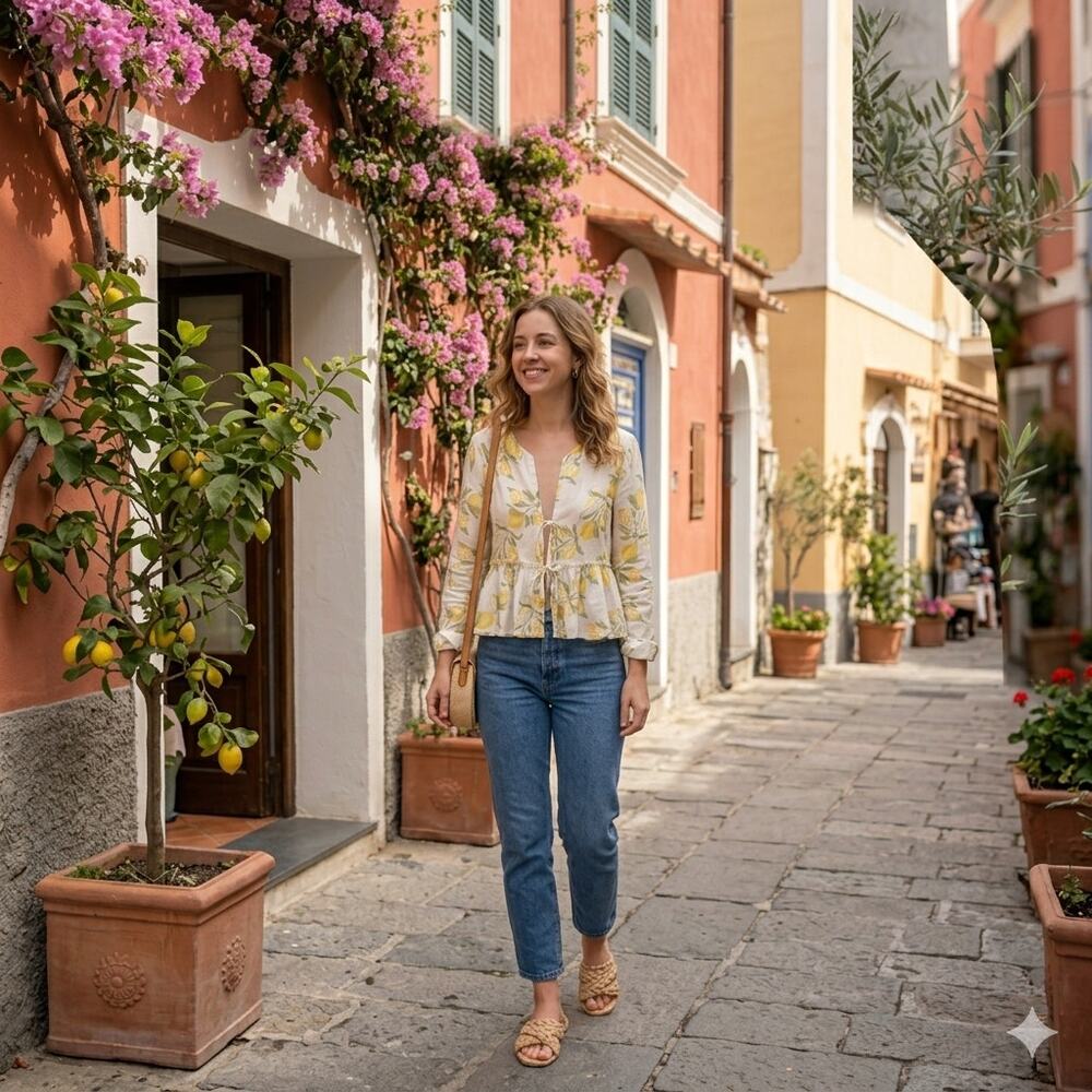Avec Les Filles Lemon Print Linen Blend Tie-Front Peplum Top Positano Amalfi M